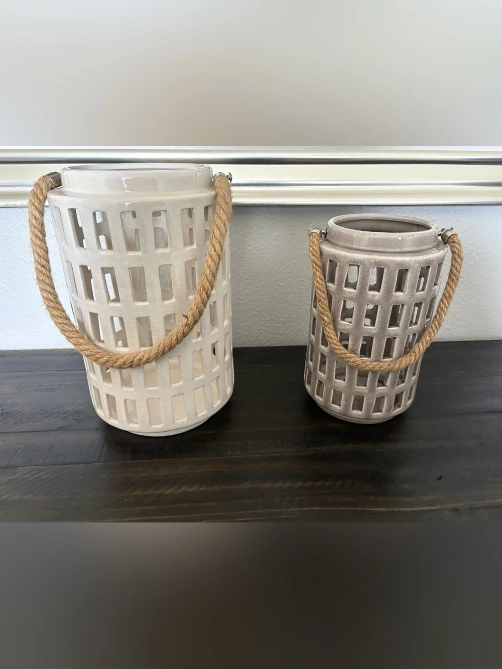Crate & Barrel Calas Ceramic Lattice Lanterns with Rope Handles - Set of 2